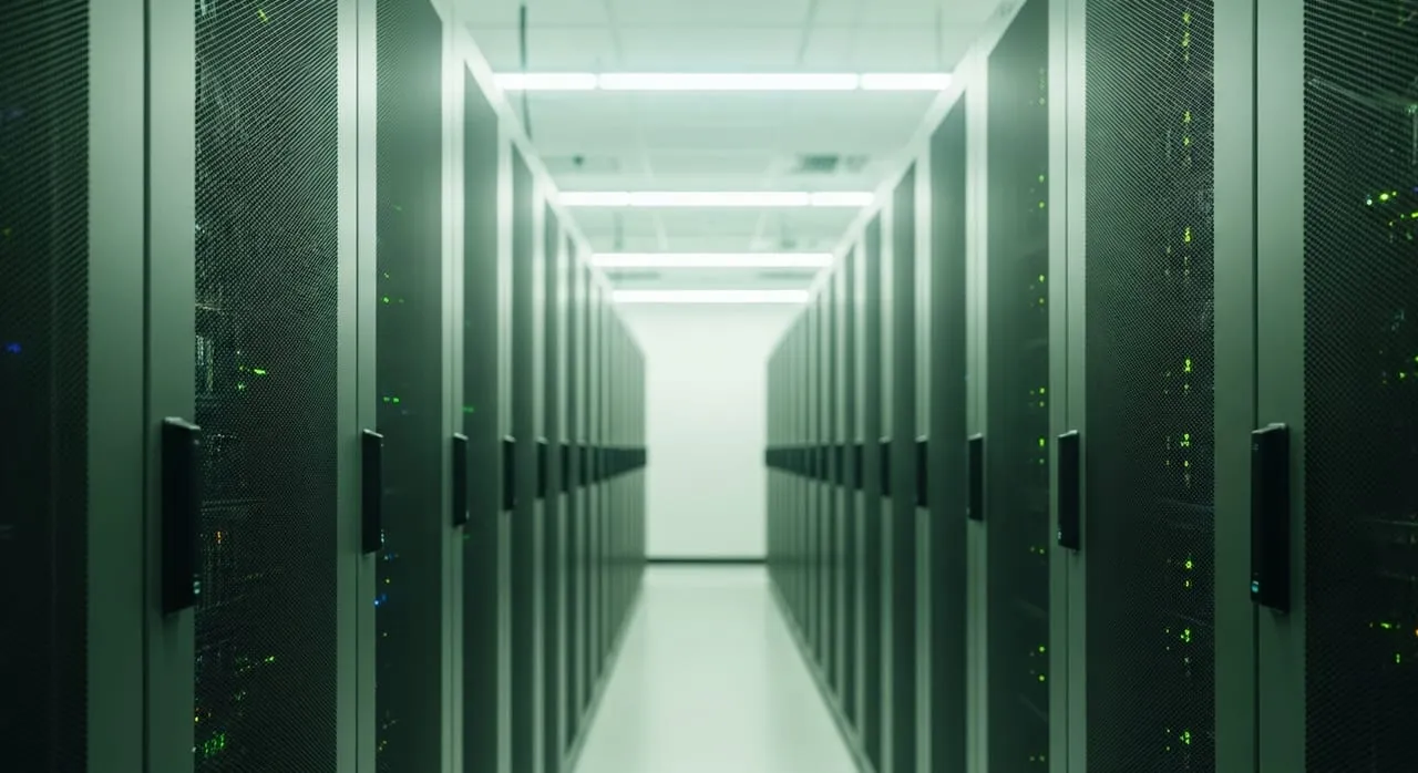 Modern data center server racks in cool green light